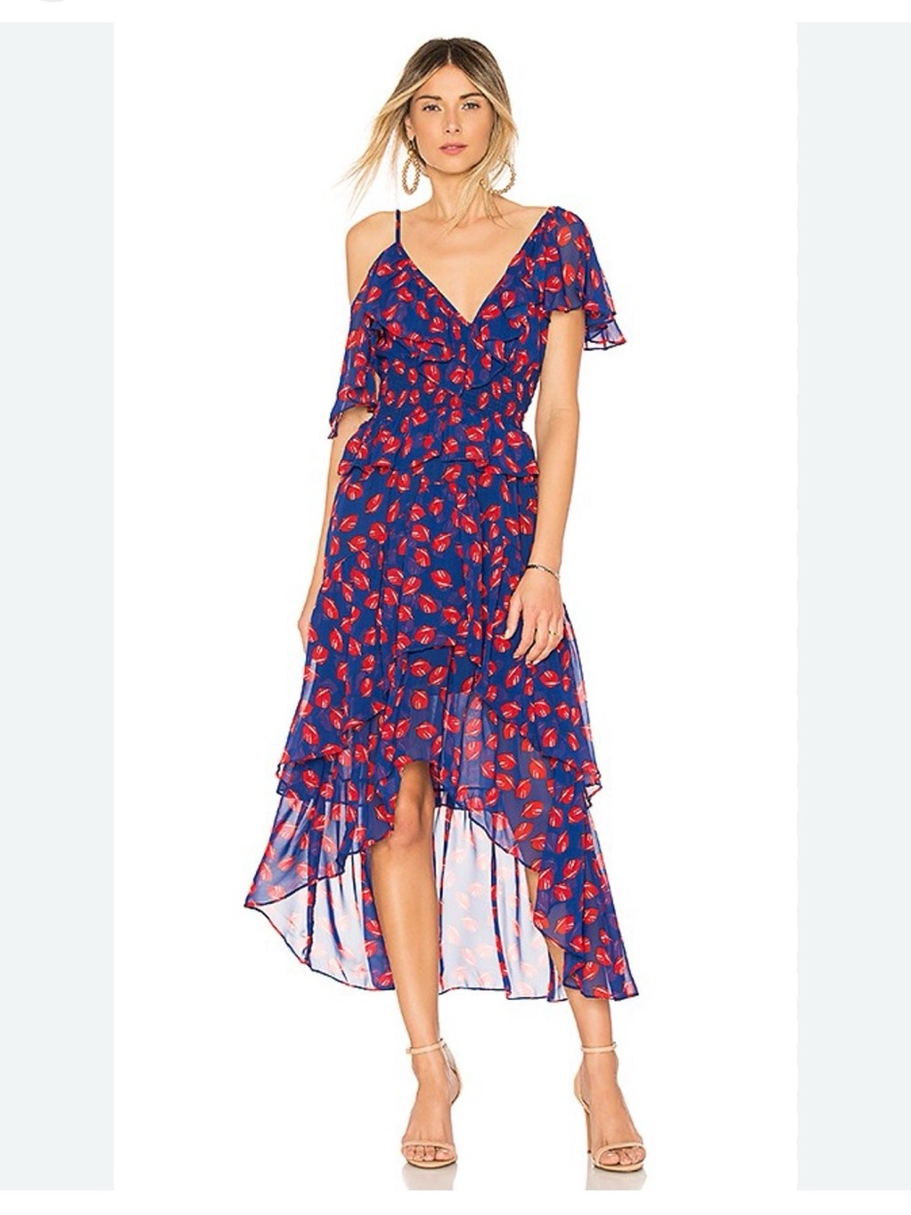 Misa Los Angeles Royal Blue Hi‑Low Dress with Red Lip Print